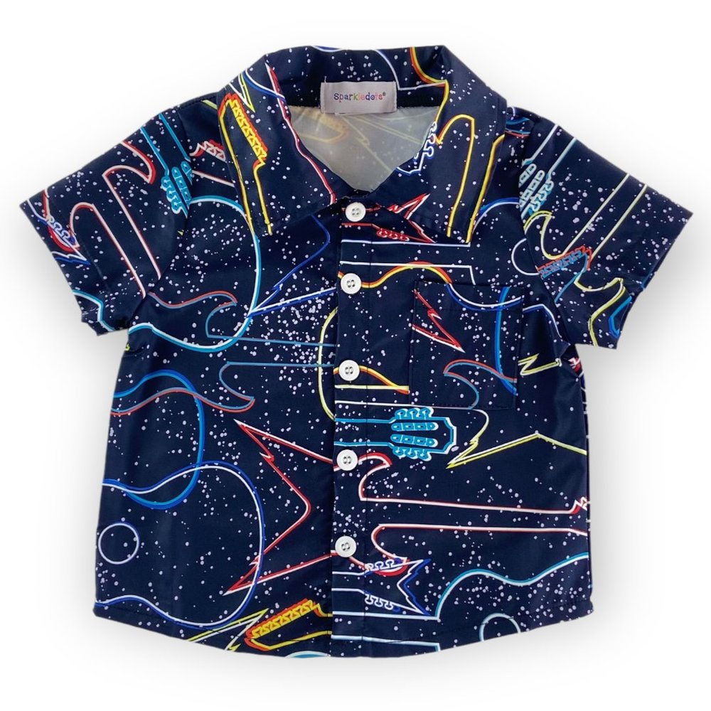 Neon Guitars in Outer Space Woven Button Down